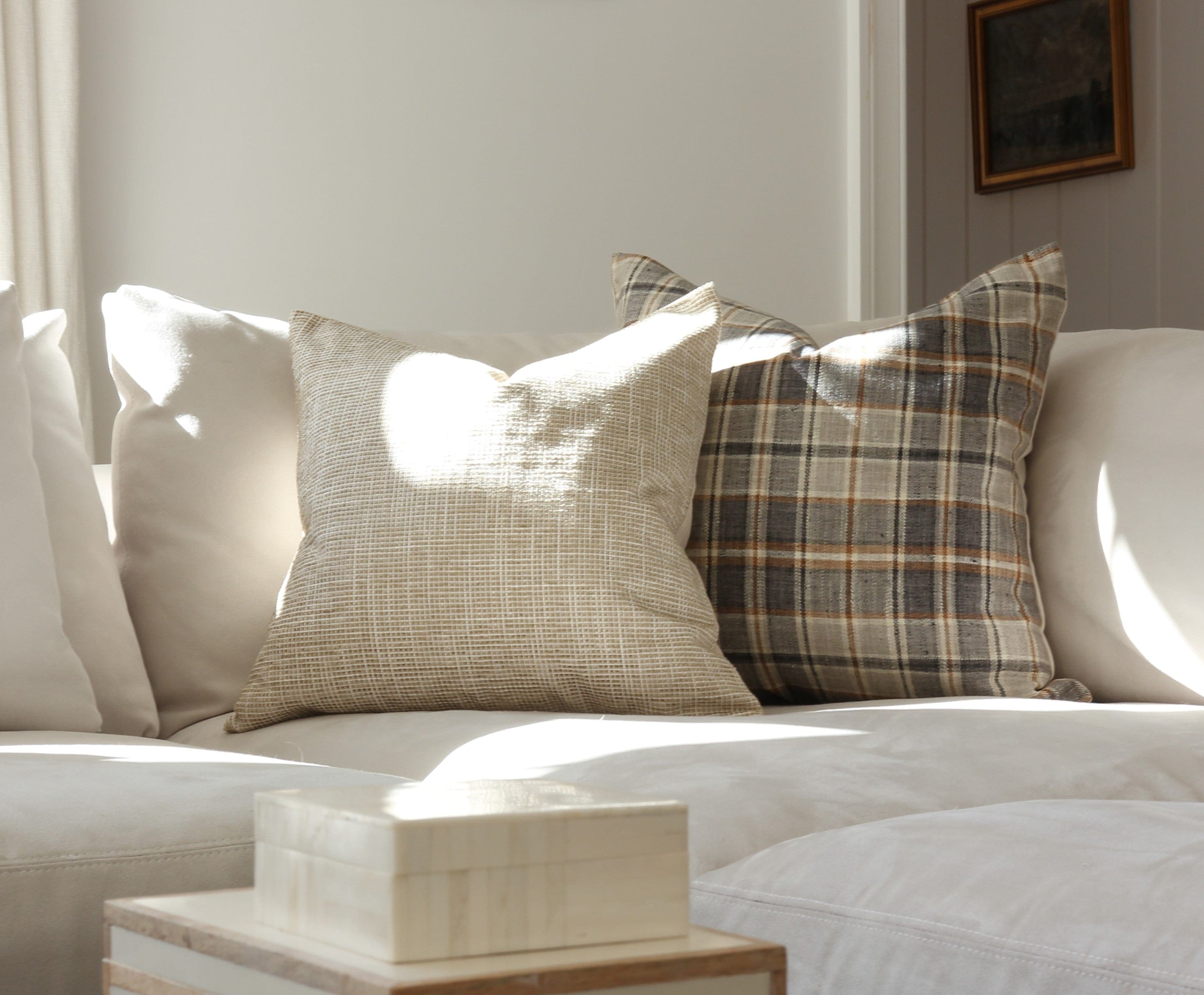 neutral pillows on sofa