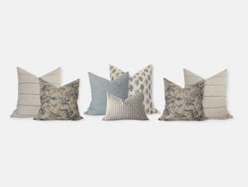 Beige blue and gray sectional pillow set