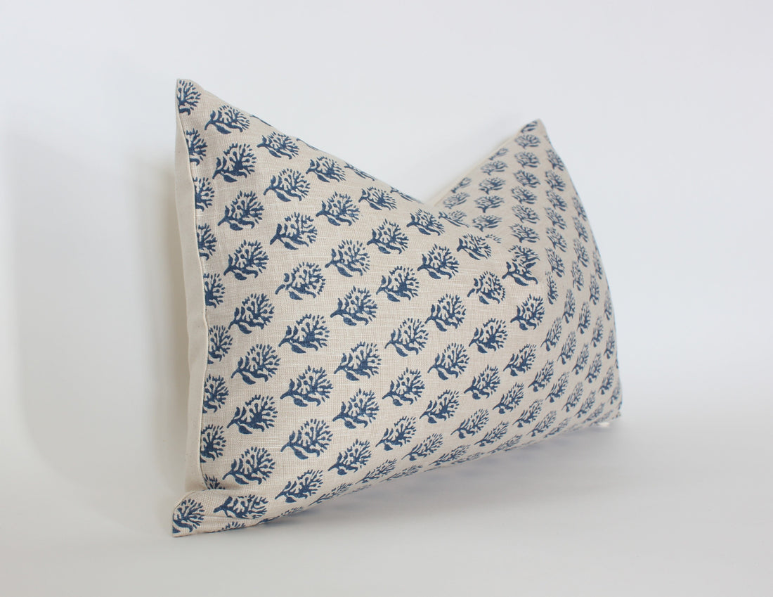 block print blue lumbar pillow