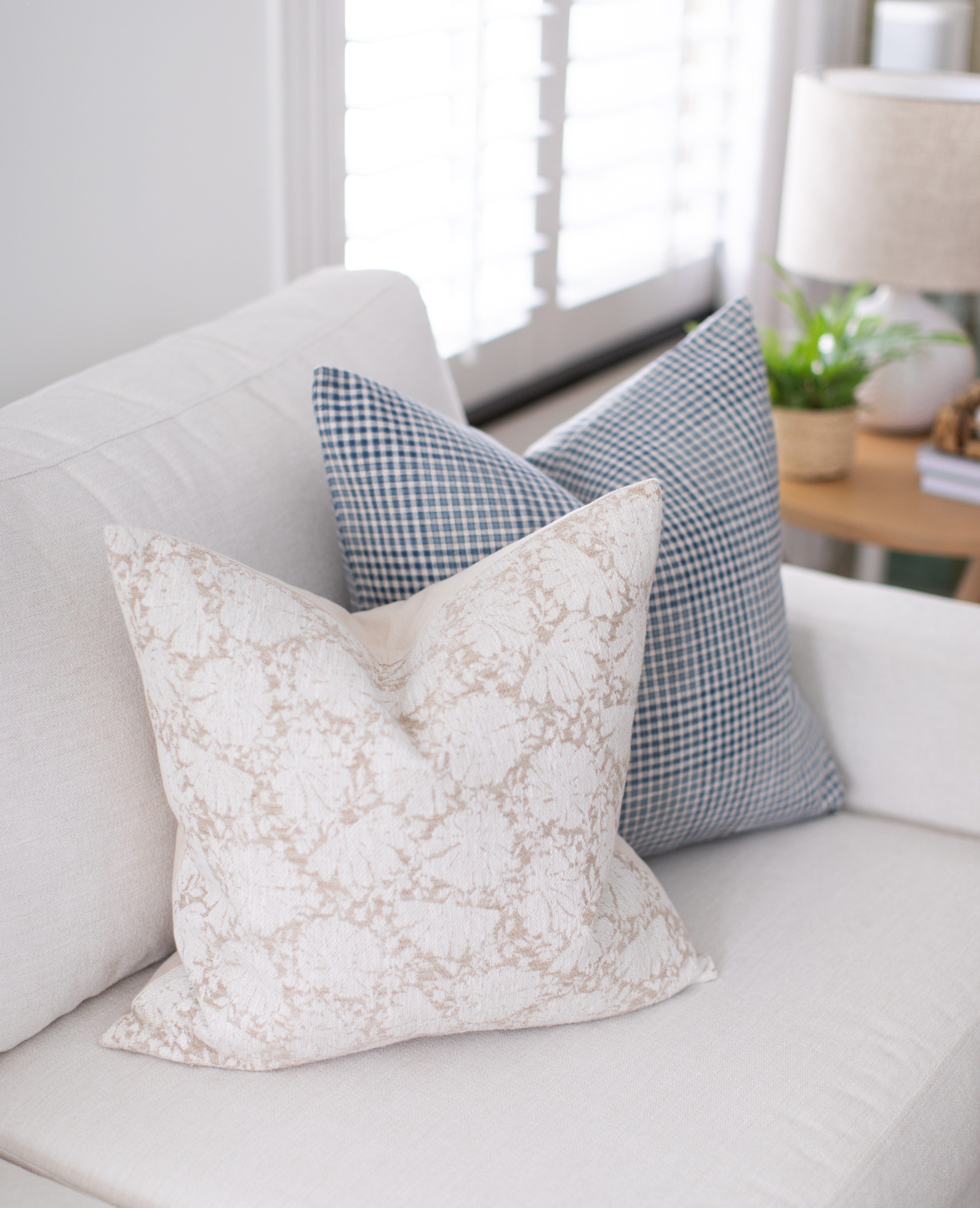 blue cream sofa pillows