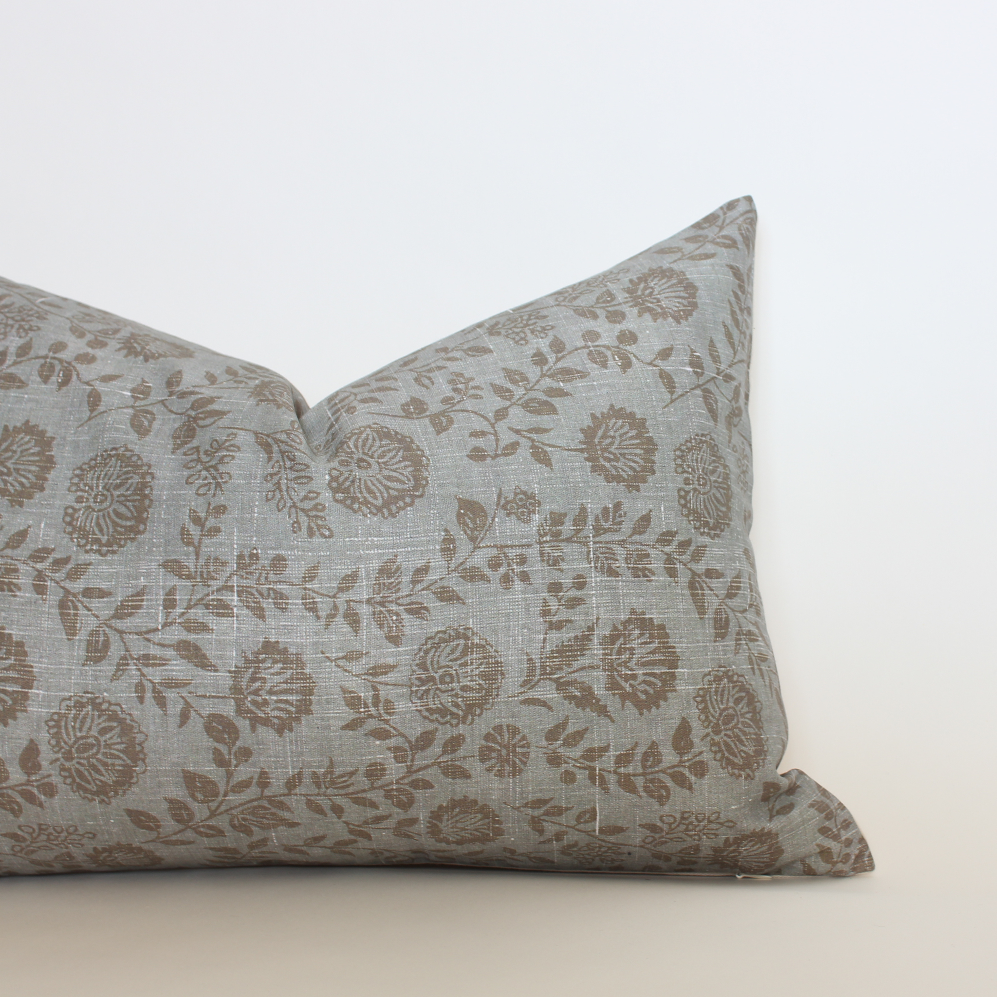 Blue gray floral lumbar pillow cover with taupe botanical print, quiet luxury home decor
