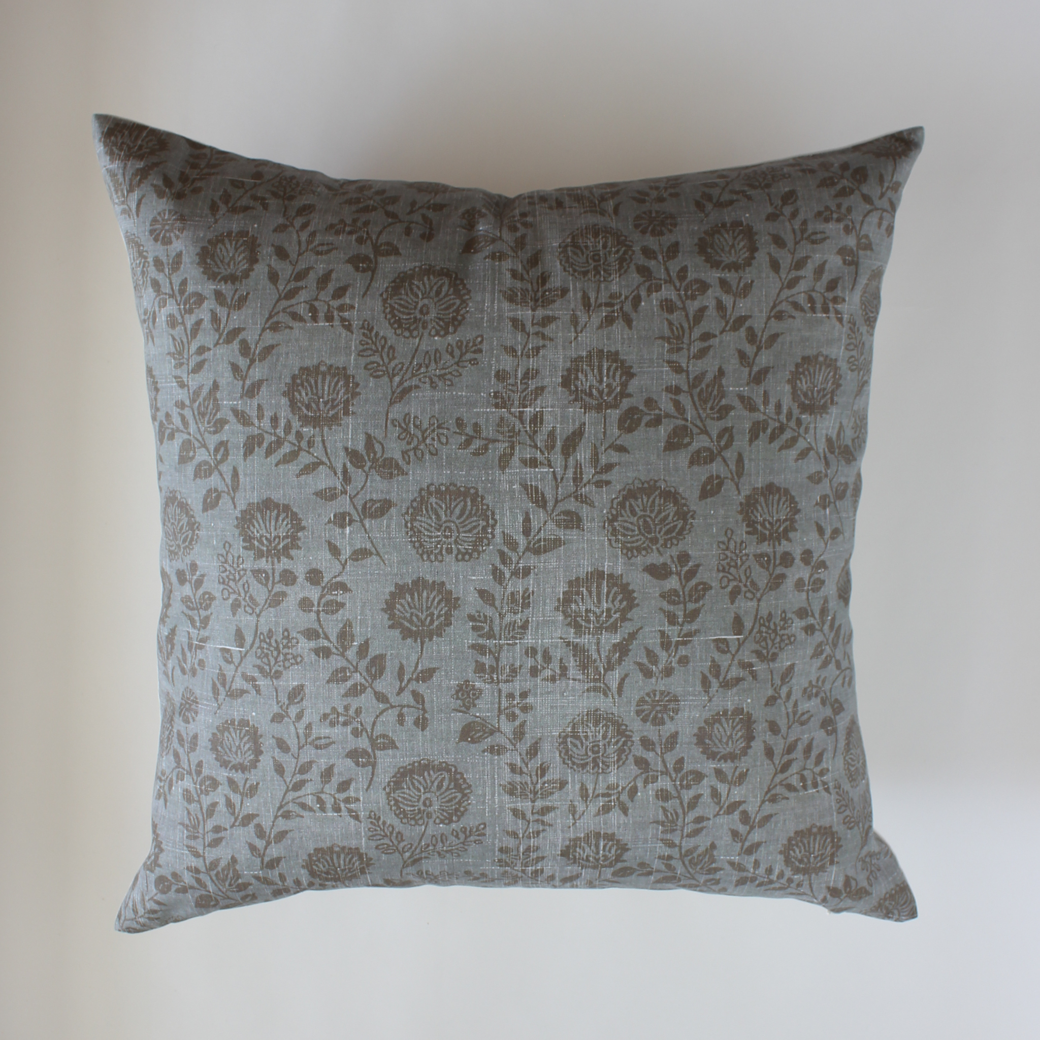 Blue gray floral lumbar pillow cover with taupe vine and medallion print, transitional home decor