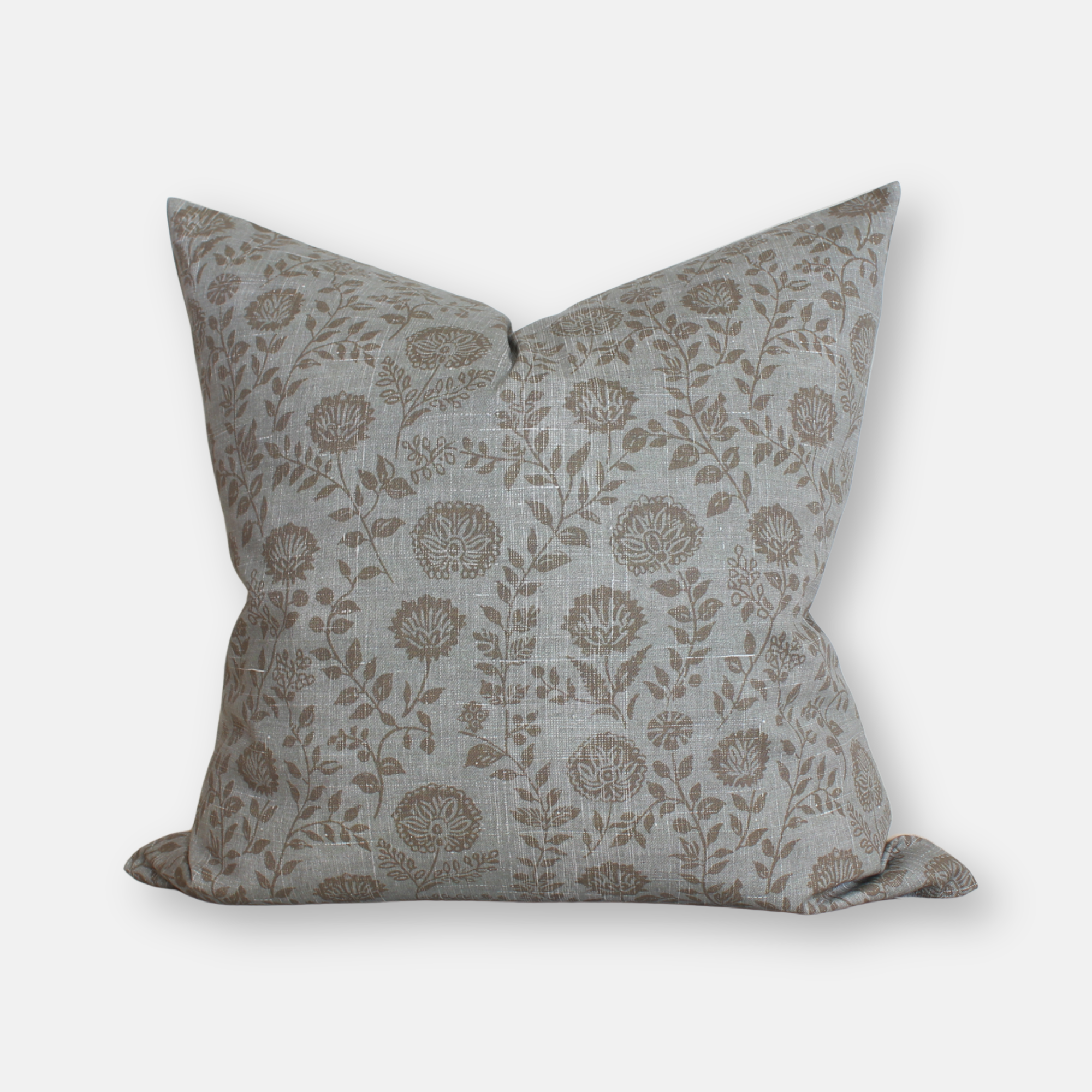 Blue gray botanical floral pillow cover with taupe vine and medallion print, square throw pillow