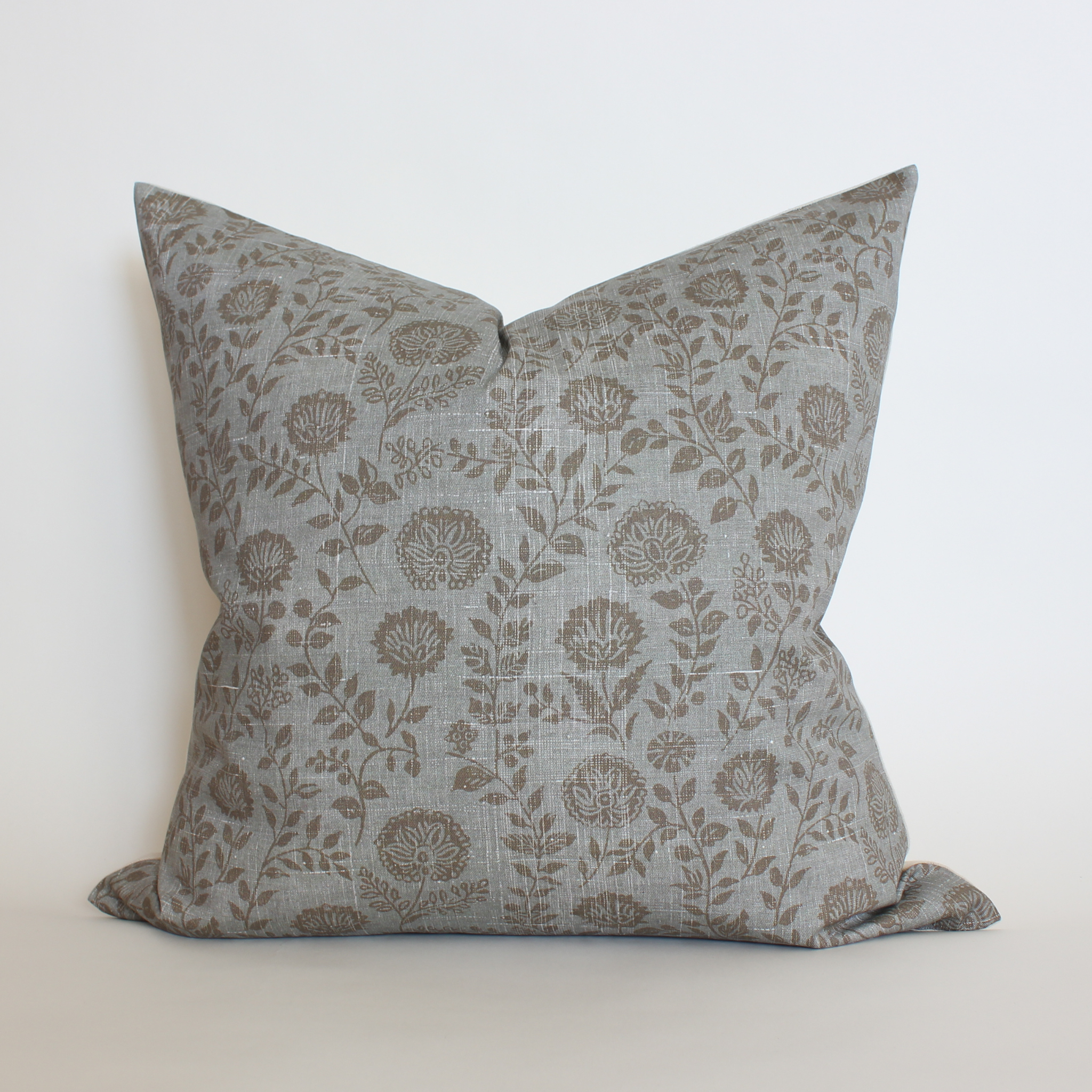 Slate blue floral block print square pillow cover, front view on white background