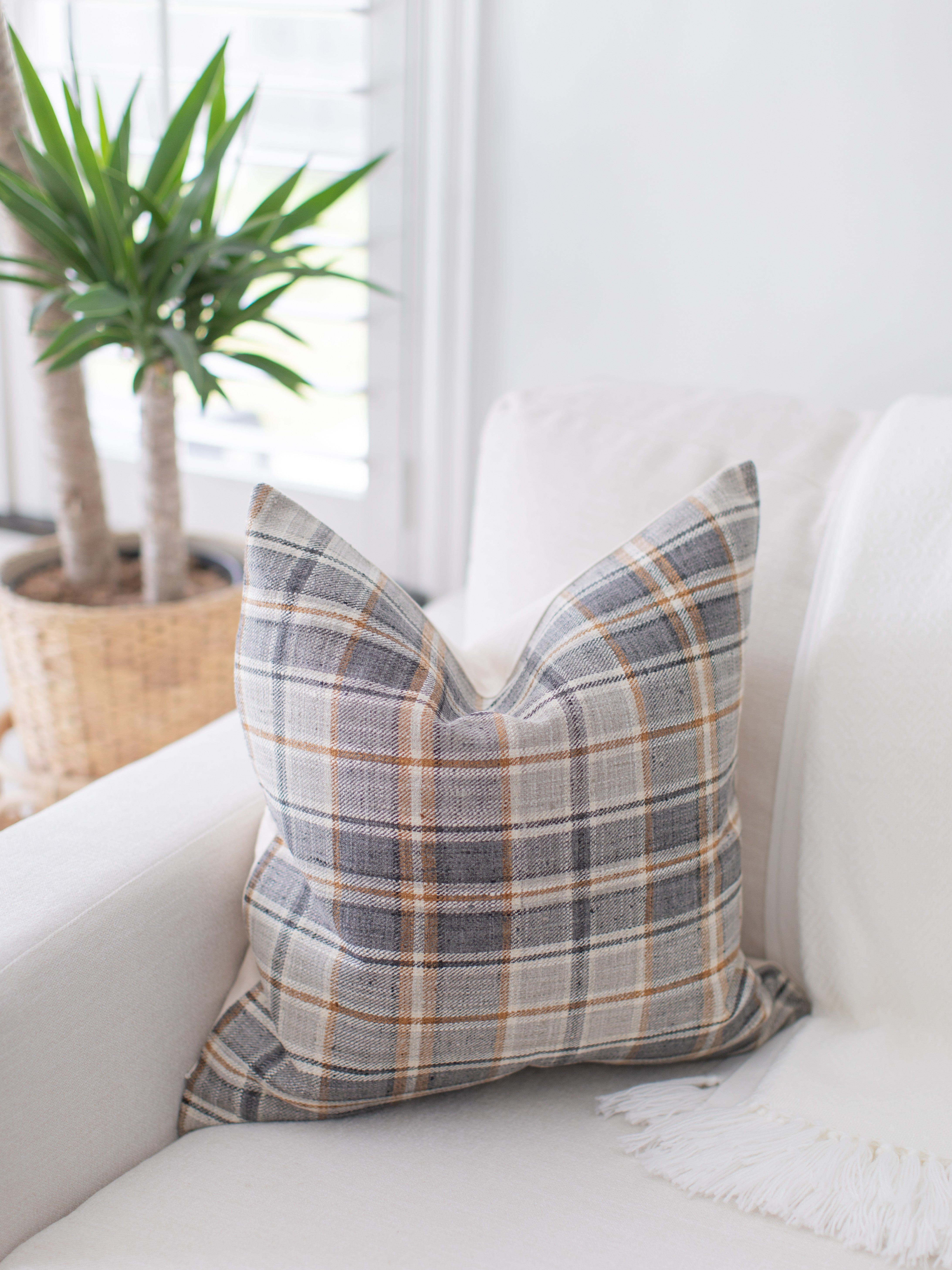 brown gray plaid pillow
