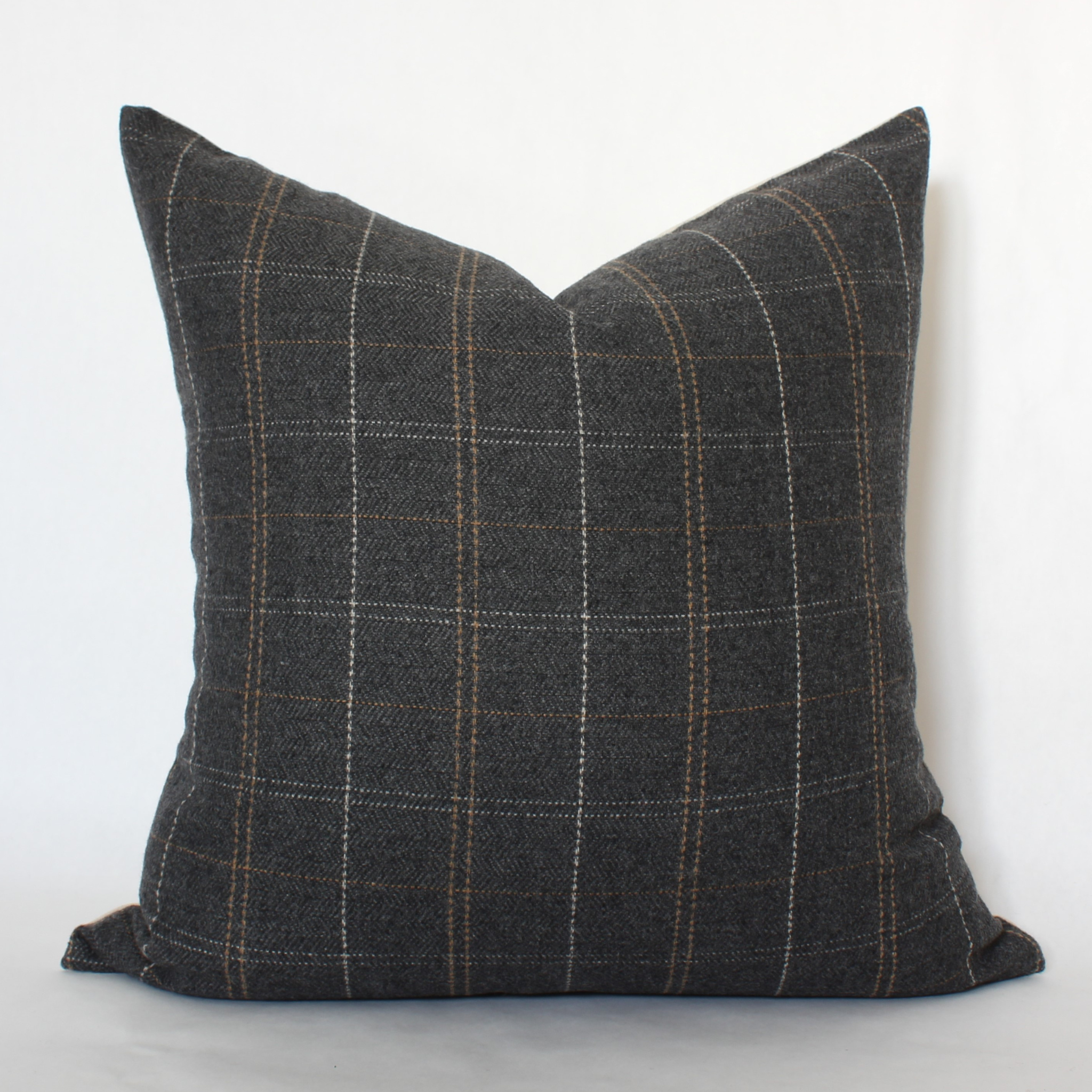 Charcoal windowpane plaid square pillow cover, front view on white background