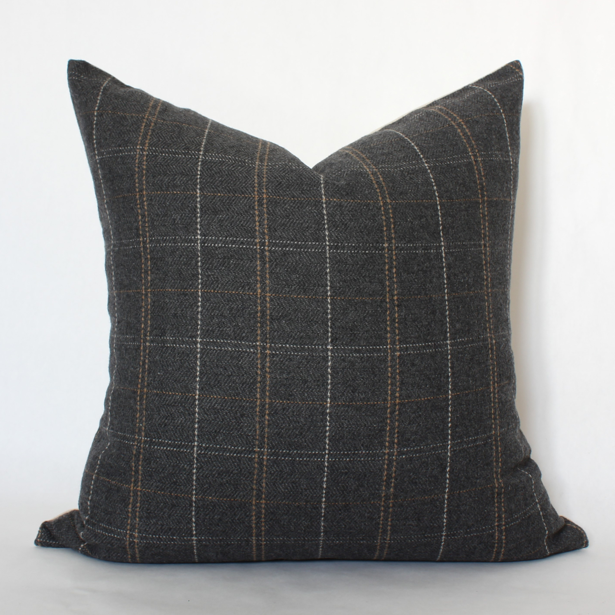 Charcoal windowpane plaid square pillow cover, front view on white background