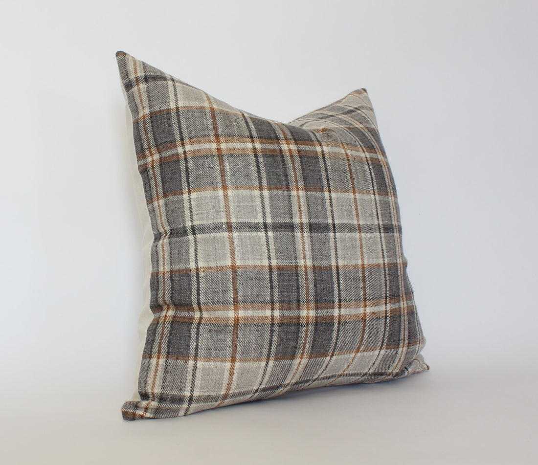 cream and brown plaid throw pillow