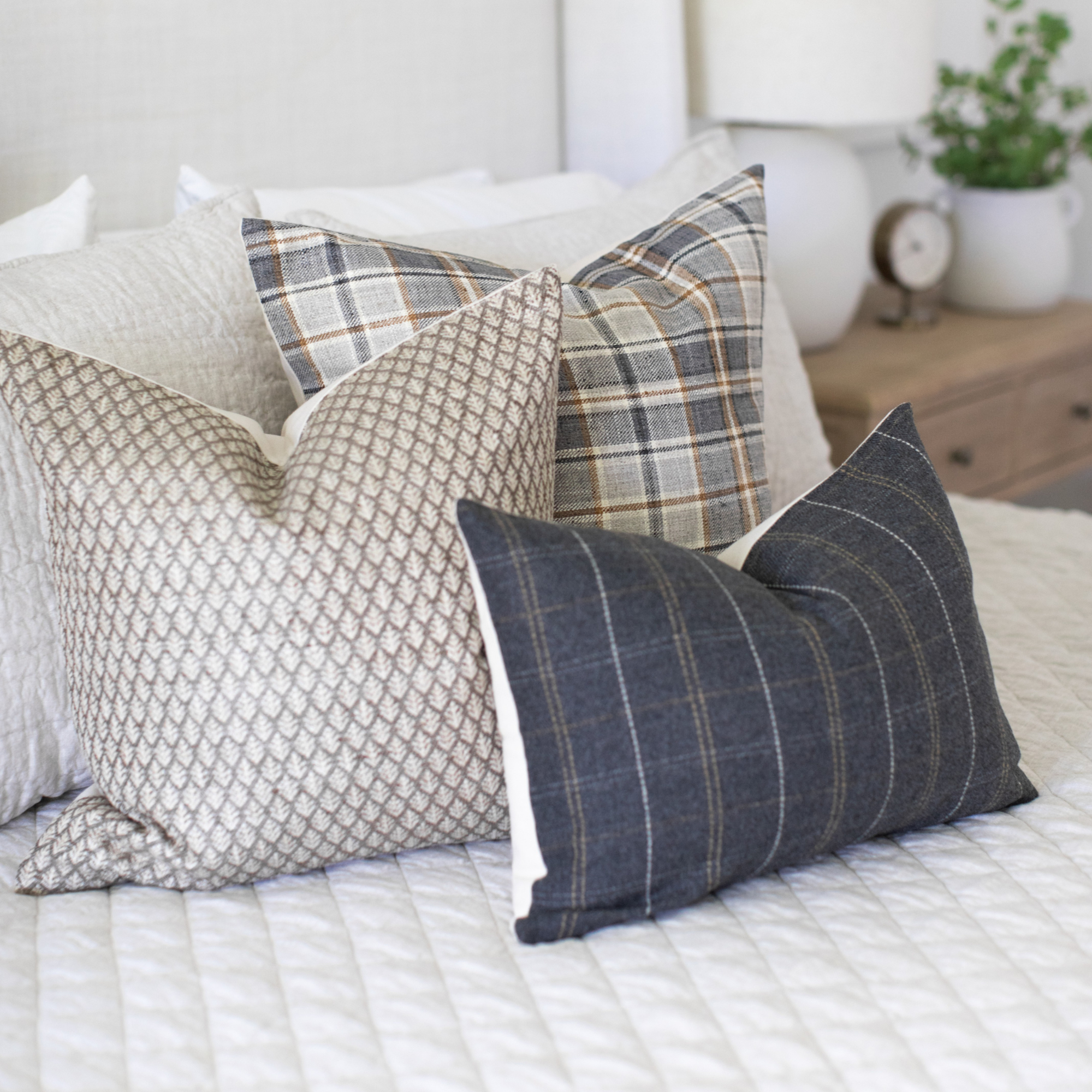 set of 3 pillows for bed in brown and neutral colors