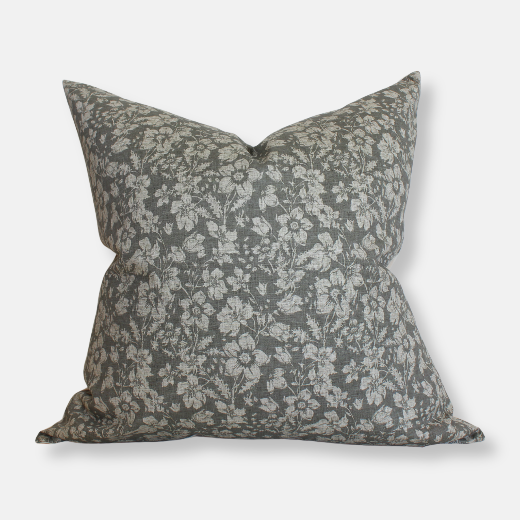 Charcoal gray botanical floral pillow cover with cream wildflower print, square throw pillow