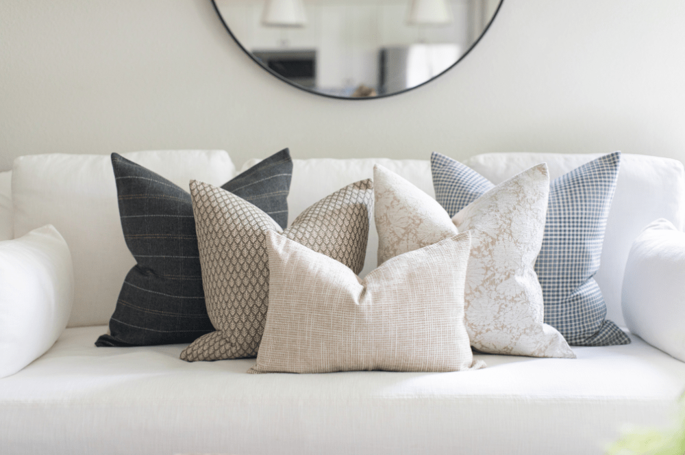 gray tan blue sofa pillow set