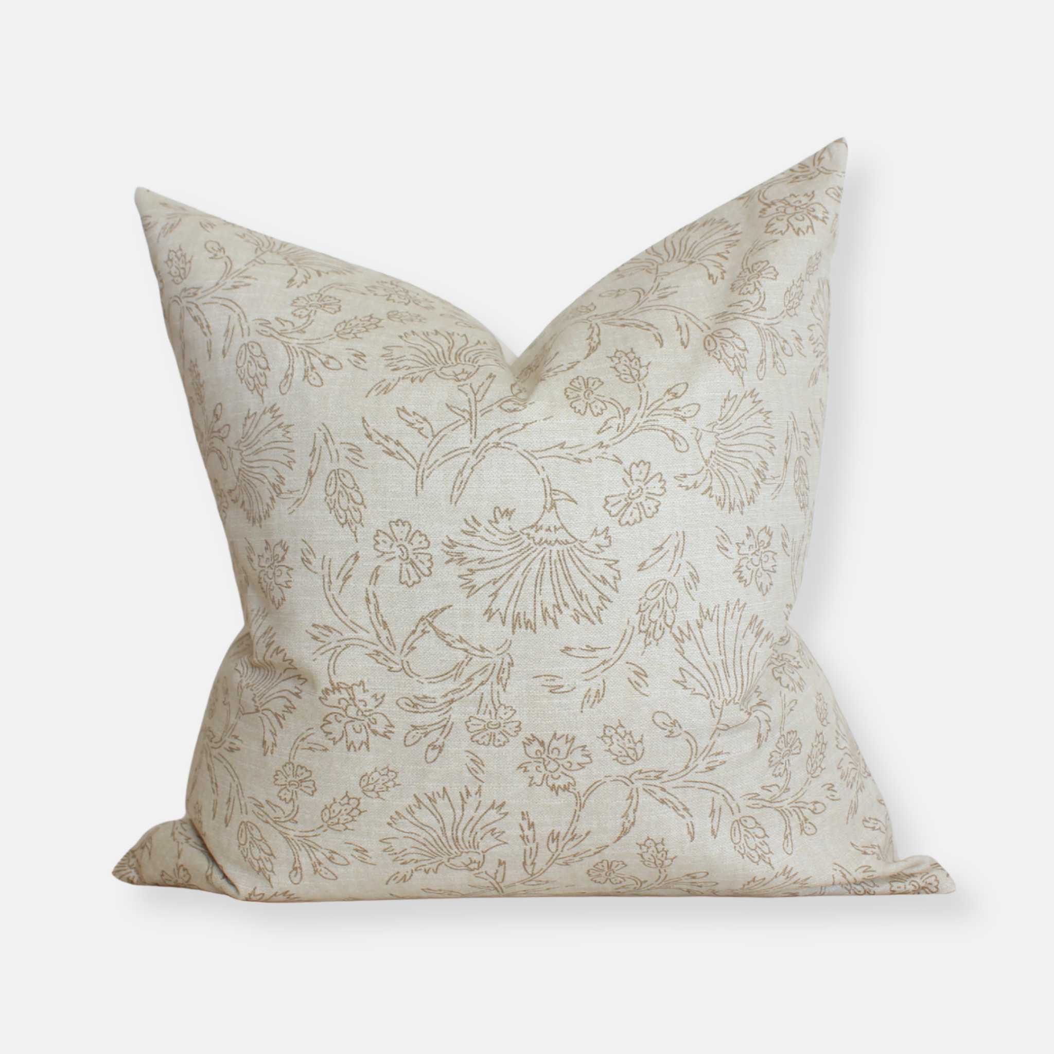 Neutral botanical floral pillow cover with warm taupe vine print on cream background, square throw pillow