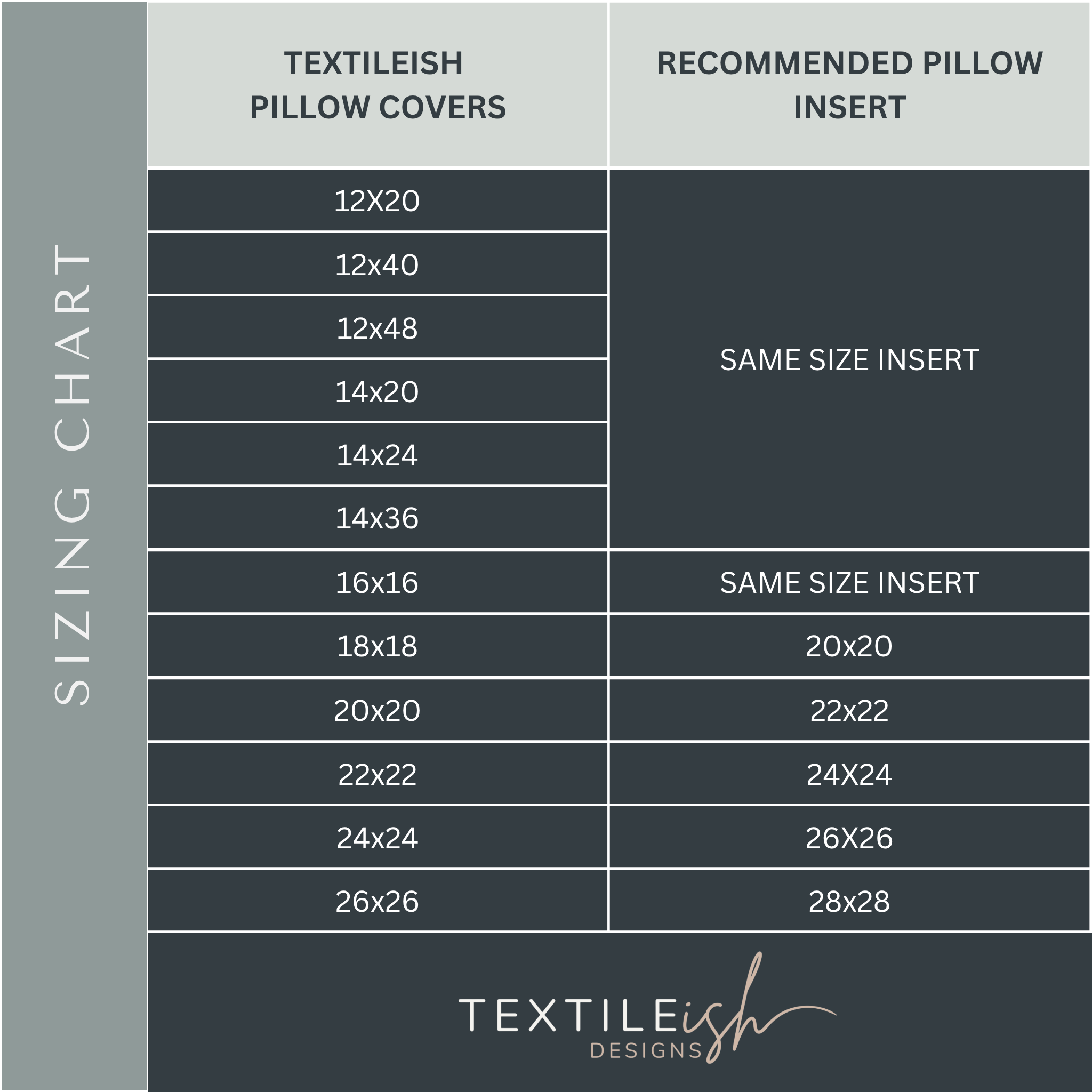 pillow inserts size chart