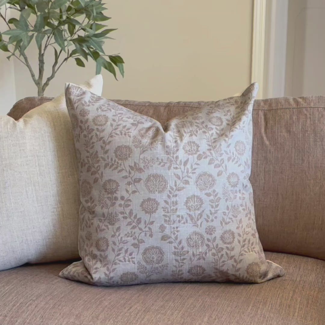 Blue gray botanical pillow cover with taupe medallion floral print, transitional throw pillow