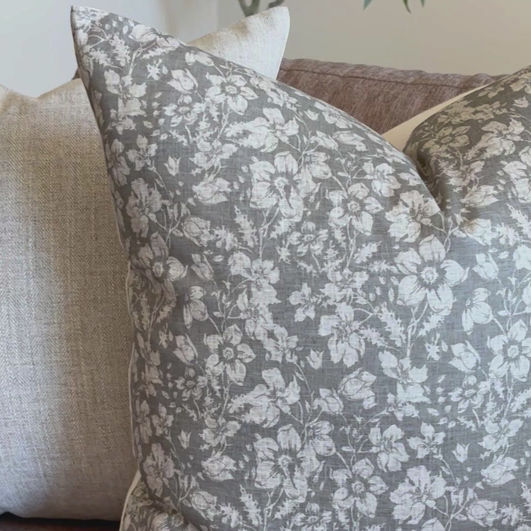 Dark gray floral pillow cover with cream botanical print, transitional living room throw pillow