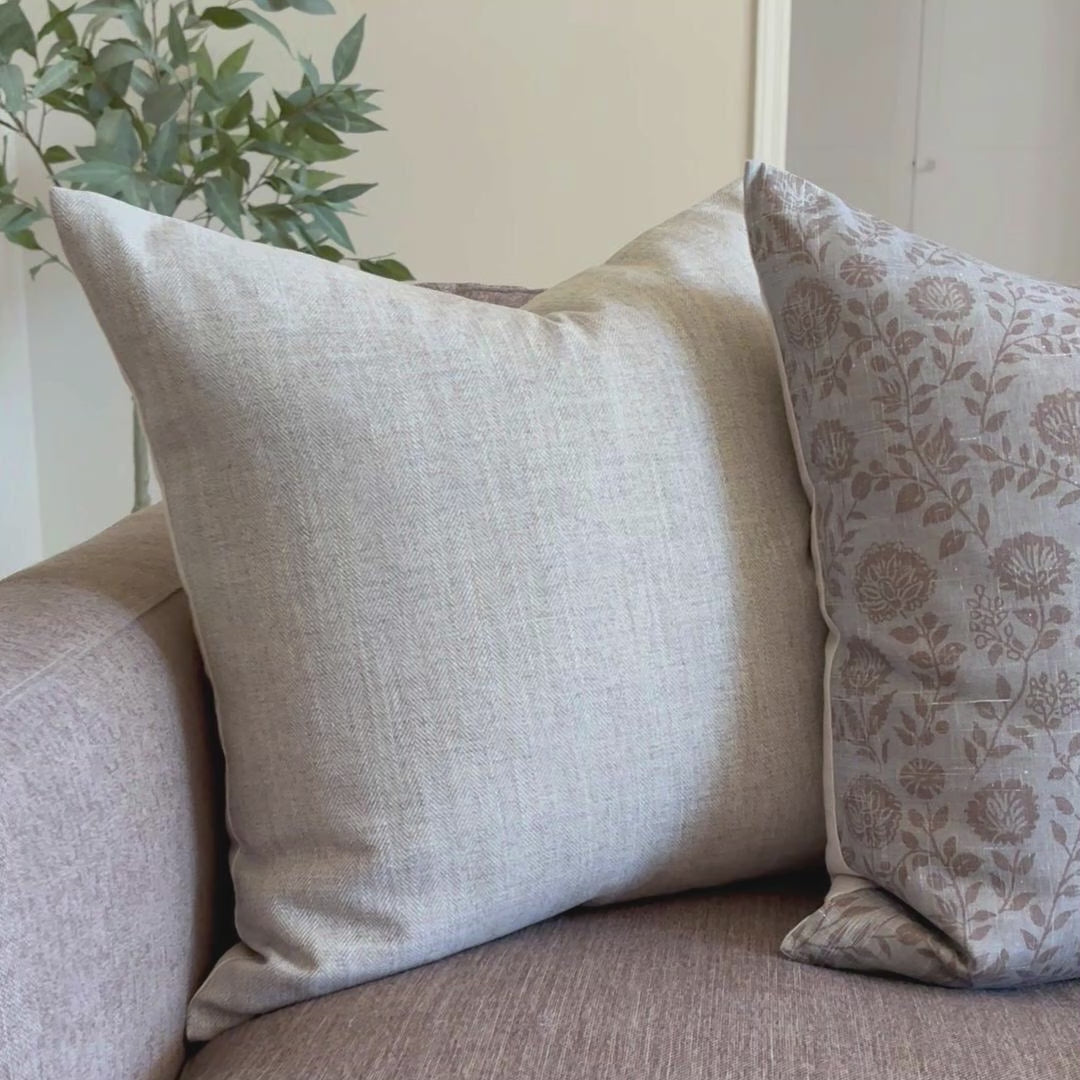 Warm gray textured pillow cover in woven herringbone fabric, neutral home decor throw pillow
