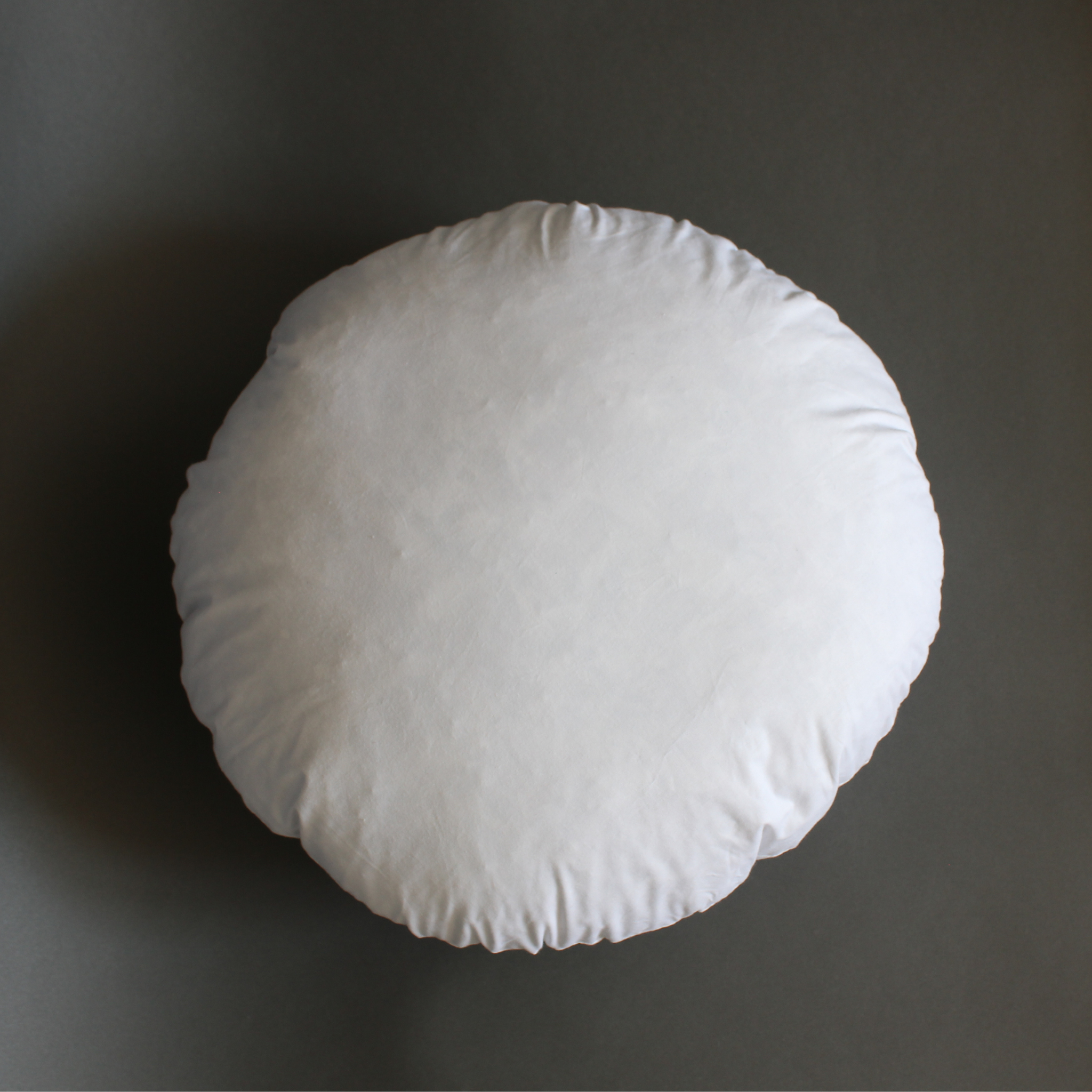 Circle pillow insert with duck feather and down fill, front view on gray background
