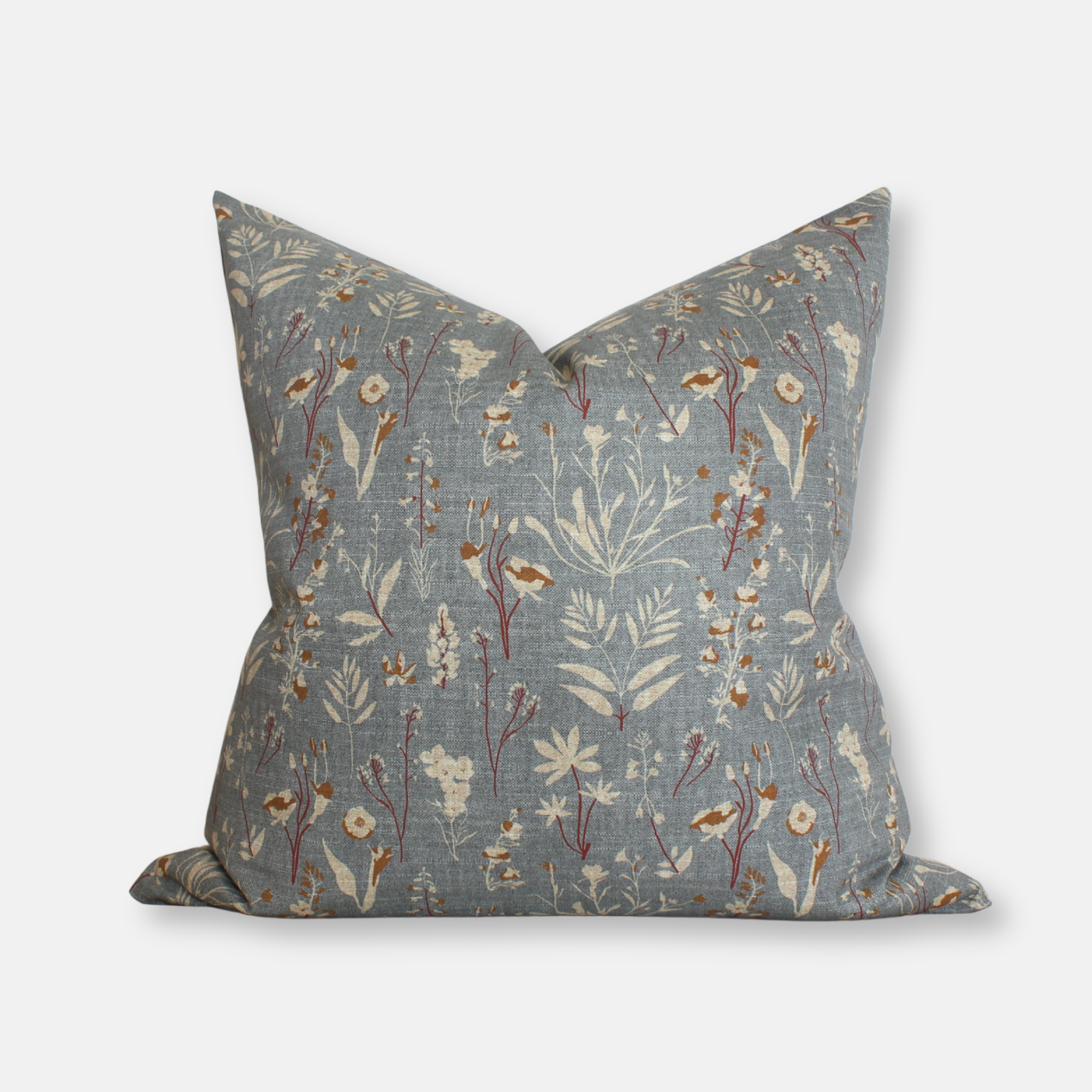 Slate blue botanical floral pillow cover with cream and rust wildflower print, square throw pillow