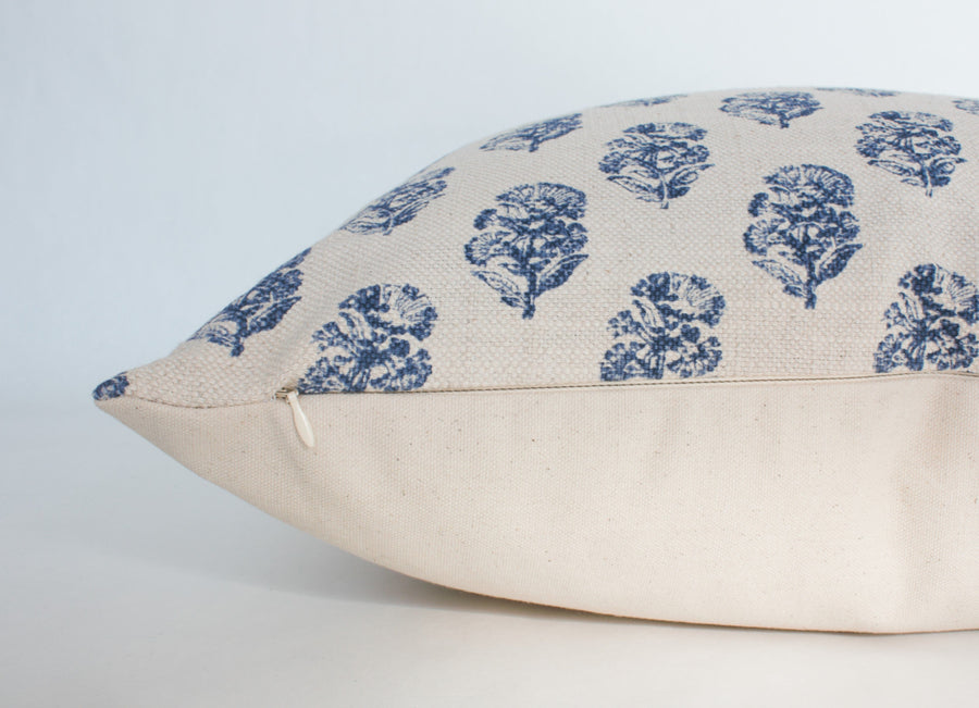 blue floral pillow with invisible zipper